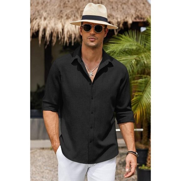 Men Black Long Sleeve Button Down Linen Shirt Casual Untucked Chambray Shirt - Picture 4 of 6